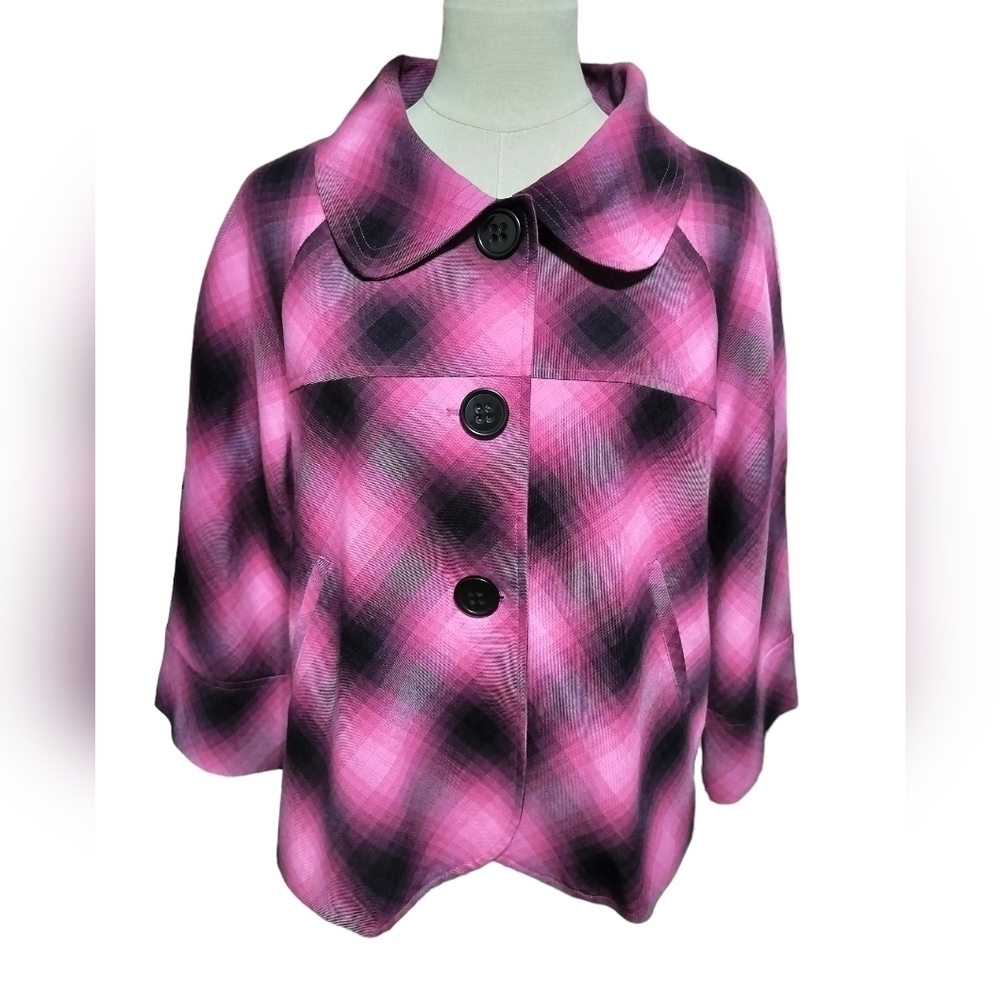 (1534) D.F.A. New York Hot Pink Plaid Button down Pocket Jacket Size XL